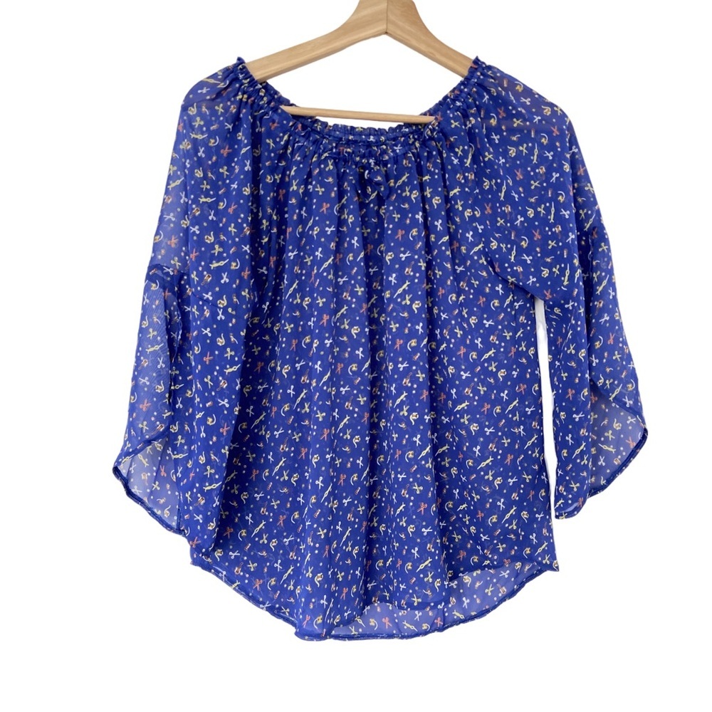 ROYAL BLUE / YELLOW/ ORANGE SEMI SHEER PEASANT TOP/BLOUSE W/ SPLIT SLEEVES, S/M